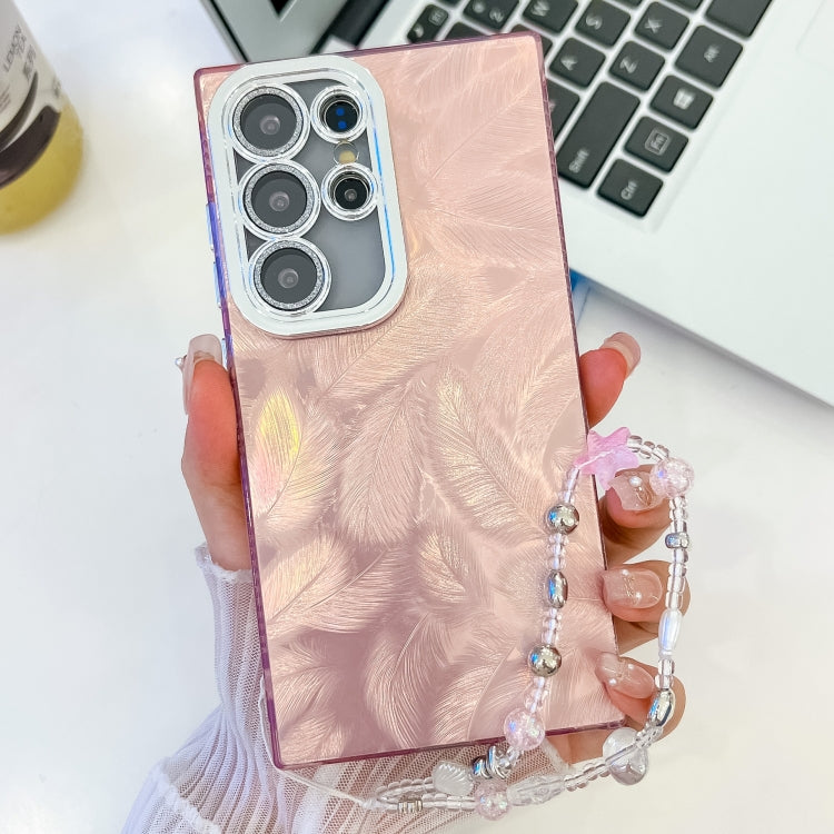 For Samsung Galaxy S25 Ultra 5G Plating Glitter Texture Chain Wristband TPU Phone Case with Lens Film(Pink Feathers) - Galaxy S25 Ultra 5G Cases by buy2fix | Online Shopping UK | buy2fix