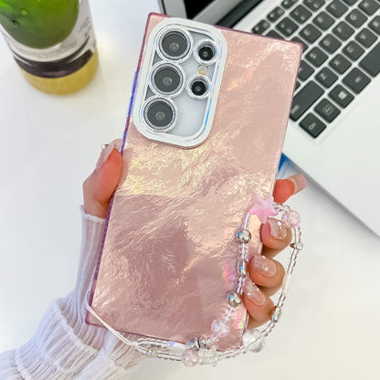 For Samsung Galaxy S25 Ultra 5G Plating Glitter Texture Chain Wristband TPU Phone Case with Lens Film(Pink Tinfoil Texture) - Galaxy S25 Ultra 5G Cases by buy2fix | Online Shopping UK | buy2fix