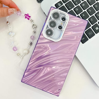 For Samsung Galaxy S25 5G Plating Glitter Texture Chain Wristband TPU Phone Case with Lens Film(Pink Feather Yarn) by buy2fix