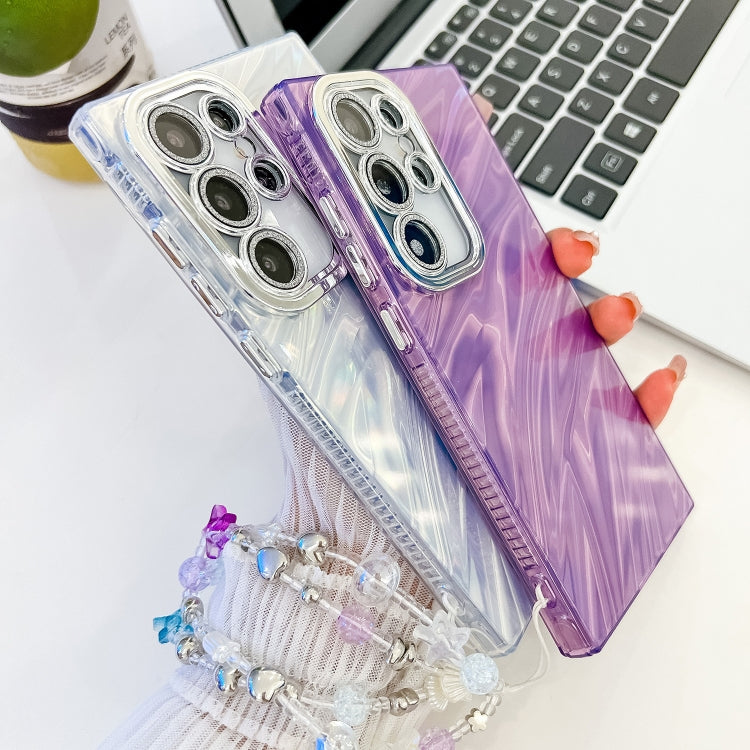 For Samsung Galaxy S25+ 5G Plating Glitter Texture Chain Wristband TPU Phone Case with Lens Film(Purple Shell Pattern) by buy2fix