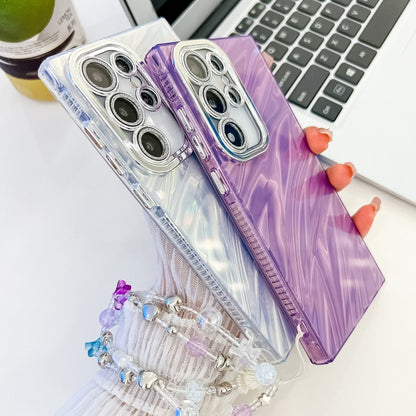 For Samsung Galaxy S25 5G Plating Glitter Texture Chain Wristband TPU Phone Case with Lens Film(Purple Shell Pattern) by buy2fix
