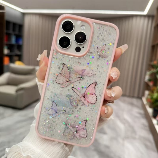 For iPhone 16 Pro Color Butterfly Glitter Epoxy TPU Phone Case(Pink) - iPhone 16 Pro Cases by buy2fix | Online Shopping UK | buy2fix