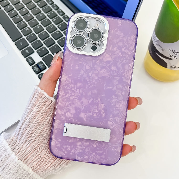 For iPhone 16 Pro Max Plating Glitter Texture Fold Holder TPU Phone Case with Lens Film(Purple Shell Pattern) - iPhone 16 Pro Max Cases by buy2fix | Online Shopping UK | buy2fix