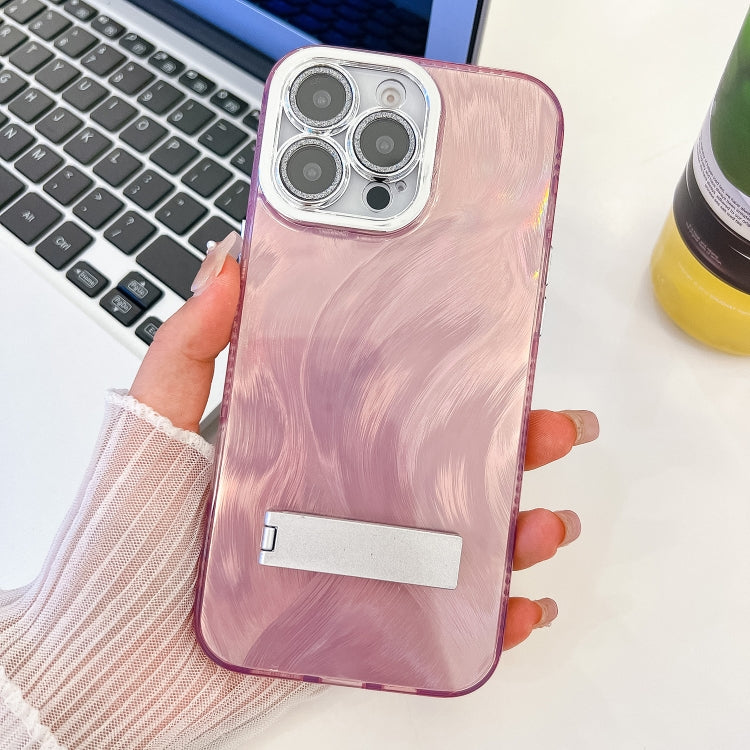 For iPhone 16 Pro Max Plating Glitter Texture Fold Holder TPU Phone Case with Lens Film(Pink Feather Yarn) - iPhone 16 Pro Max Cases by buy2fix | Online Shopping UK | buy2fix