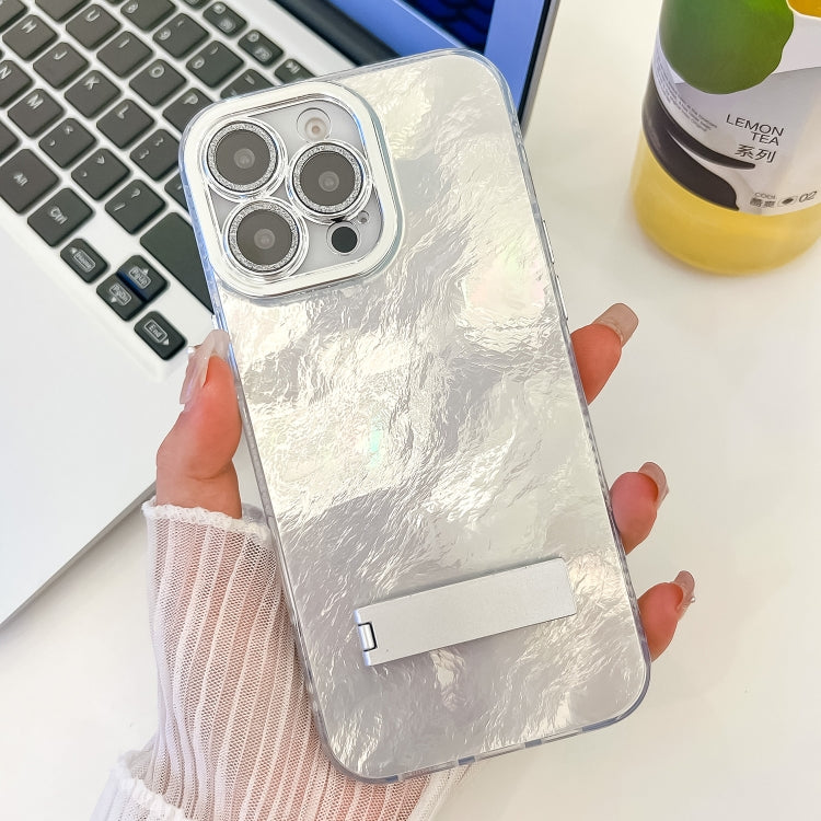 For iPhone 16 Pro Plating Glitter Texture Fold Holder TPU Phone Case with Lens Film(White Tinfoil Texture) - iPhone 16 Pro Cases by buy2fix | Online Shopping UK | buy2fix