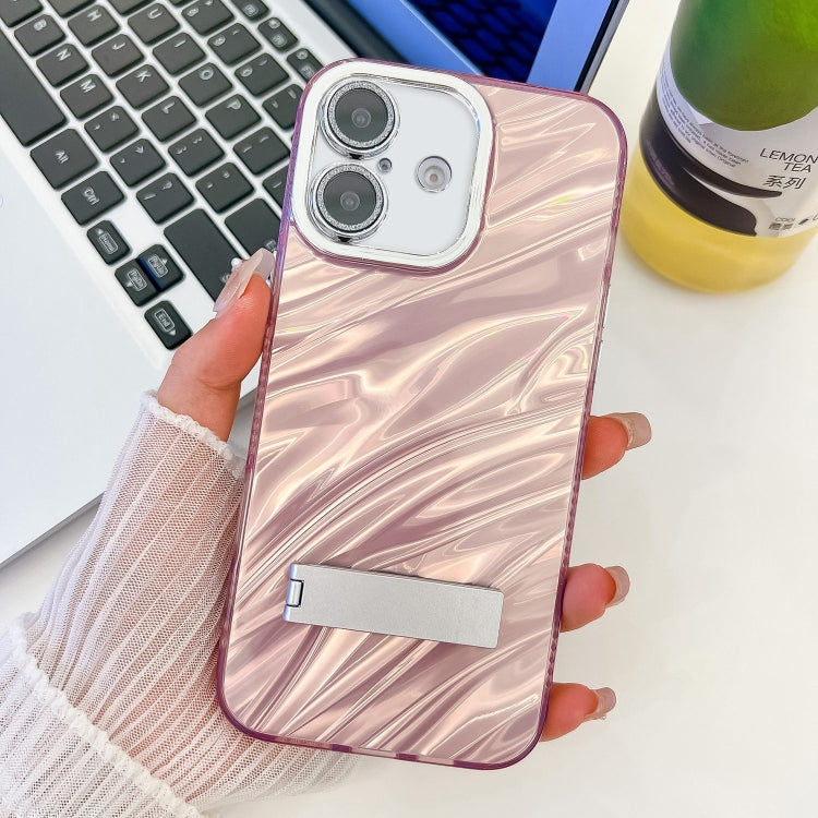 For iPhone 16 Plus Plating Glitter Texture Fold Holder TPU Phone Case with Lens Film(Pink Water Ripples) - iPhone 16 Plus Cases by buy2fix | Online Shopping UK | buy2fix