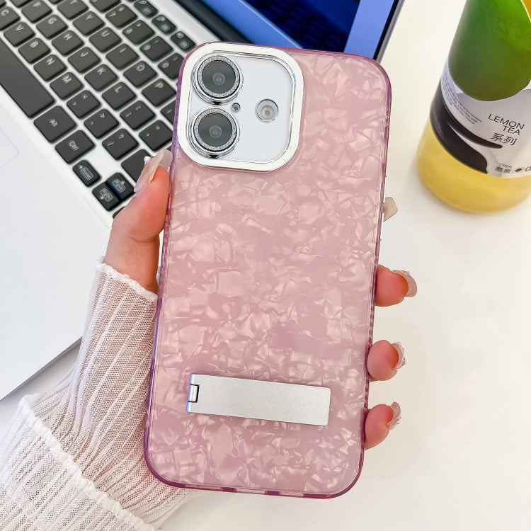 For iPhone 16 Plus Plating Glitter Texture Fold Holder TPU Phone Case with Lens Film(Pink Shell Pattern) - iPhone 16 Plus Cases by buy2fix | Online Shopping UK | buy2fix