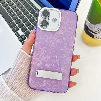 For iPhone 16 Plating Glitter Texture Fold Holder TPU Phone Case with Lens Film(Purple Shell Pattern) - iPhone 16 Cases by buy2fix | Online Shopping UK | buy2fix