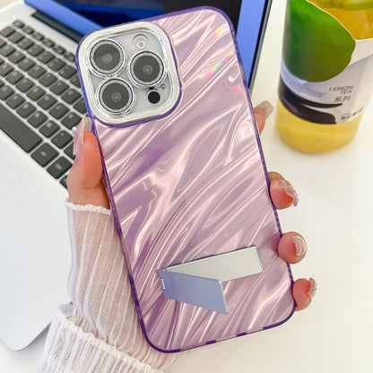 For iPhone 16 Pro Max Plating Glitter Texture Fold Holder TPU Phone Case with Lens Film(Pink Shell Pattern) - iPhone 16 Pro Max Cases by buy2fix | Online Shopping UK | buy2fix