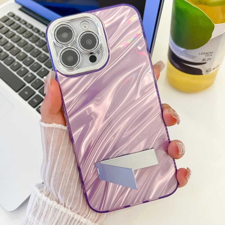 For iPhone 16 Plus Plating Glitter Texture Fold Holder TPU Phone Case with Lens Film(Purple Feathers) - iPhone 16 Plus Cases by buy2fix | Online Shopping UK | buy2fix