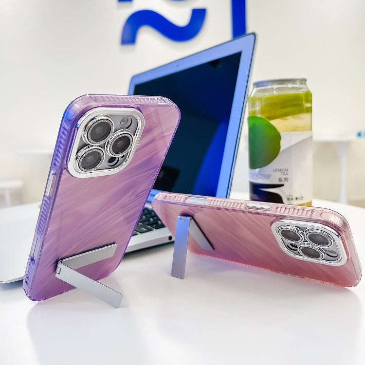 For iPhone 16 Plating Glitter Texture Fold Holder TPU Phone Case with Lens Film(Purple Shell Pattern) - iPhone 16 Cases by buy2fix | Online Shopping UK | buy2fix