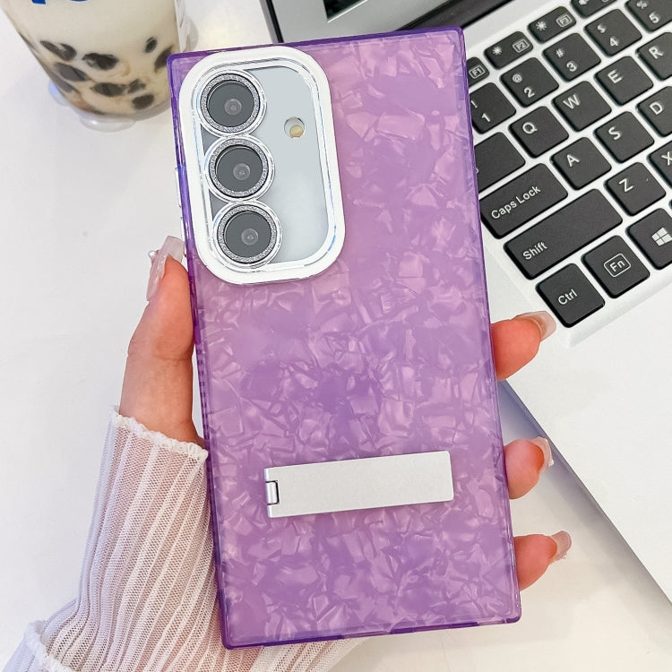 For Samsung Galaxy S25 5G Plating Glitter Texture Fold Holder TPU Phone Case with Lens Film(Purple Shell Pattern) - Galaxy S25 5G Cases by buy2fix | Online Shopping UK | buy2fix