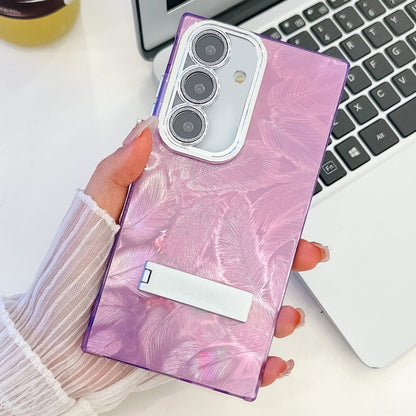 For Samsung Galaxy S25 5G Plating Glitter Texture Fold Holder TPU Phone Case with Lens Film(Purple Feathers) - Galaxy S25 5G Cases by buy2fix | Online Shopping UK | buy2fix