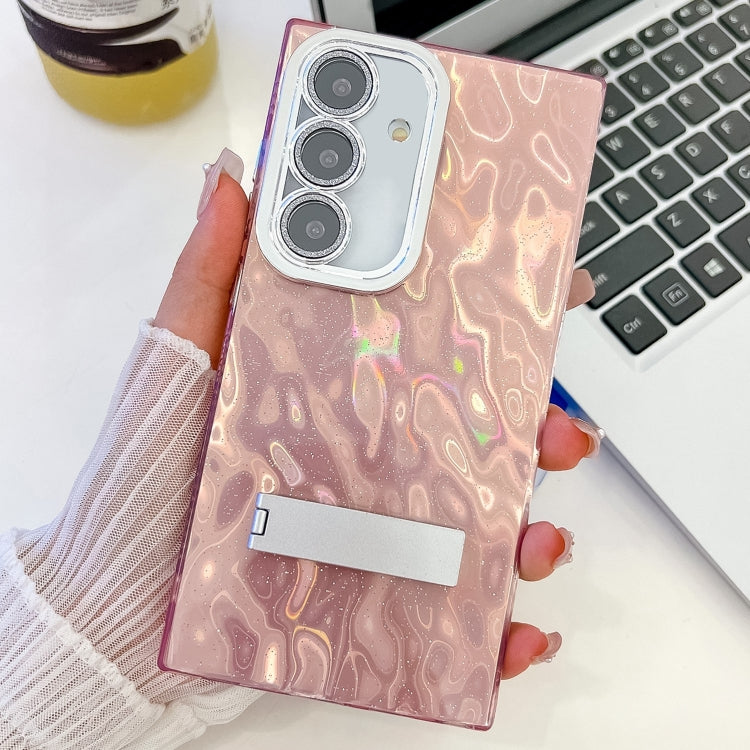 For Samsung Galaxy S25 5G Plating Glitter Texture Fold Holder TPU Phone Case with Lens Film(Pink Wrinkles) - Galaxy S25 5G Cases by buy2fix | Online Shopping UK | buy2fix