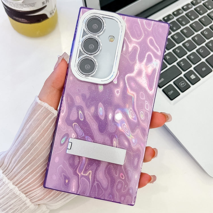 For Samsung Galaxy S25 5G Plating Glitter Texture Fold Holder TPU Phone Case with Lens Film(Purple Wrinkles) - Galaxy S25 5G Cases by buy2fix | Online Shopping UK | buy2fix