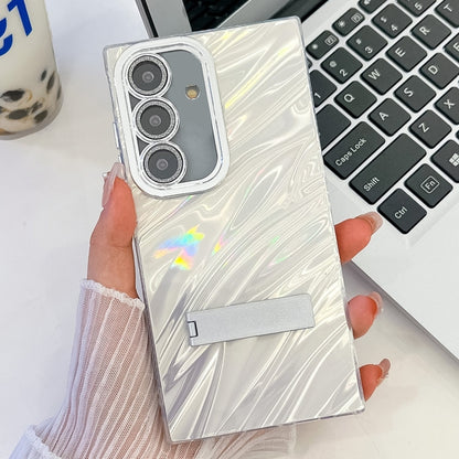 For Samsung Galaxy S25+ 5G Plating Glitter Texture Fold Holder TPU Phone Case with Lens Film(White Water Ripples) by buy2fix