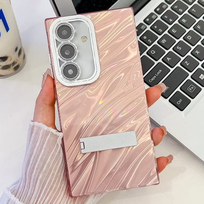 For Samsung Galaxy S25+ 5G Plating Glitter Texture Fold Holder TPU Phone Case with Lens Film(Pink Water Ripples) by buy2fix