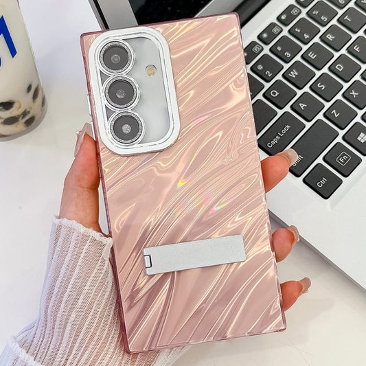 For Samsung Galaxy S25+ 5G Plating Glitter Texture Fold Holder TPU Phone Case with Lens Film(Pink Water Ripples) by buy2fix