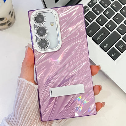 For Samsung Galaxy S25+ 5G Plating Glitter Texture Fold Holder TPU Phone Case with Lens Film(Purple Water Ripples) by buy2fix