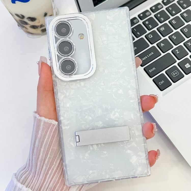 For Samsung Galaxy S25+ 5G Plating Glitter Texture Fold Holder TPU Phone Case with Lens Film(White Shell Pattern) by buy2fix