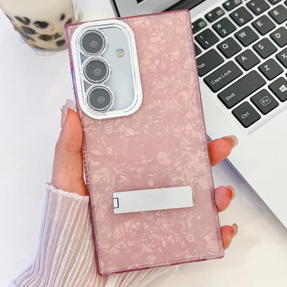 For Samsung Galaxy S25+ 5G Plating Glitter Texture Fold Holder TPU Phone Case with Lens Film(Pink Shell Pattern) by buy2fix