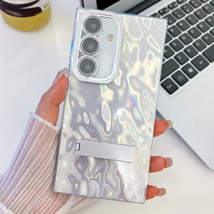For Samsung Galaxy S25+ 5G Plating Glitter Texture Fold Holder TPU Phone Case with Lens Film(White Wrinkles) by buy2fix
