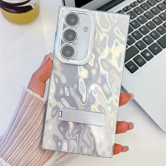 For Samsung Galaxy S25+ 5G Plating Glitter Texture Fold Holder TPU Phone Case with Lens Film(White Wrinkles) by buy2fix
