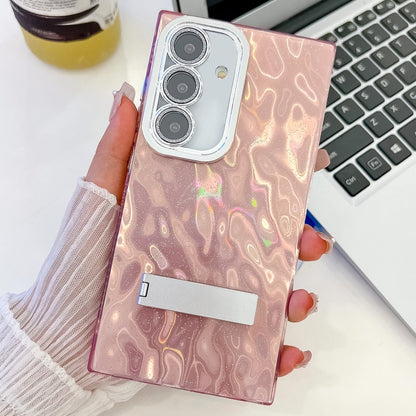 For Samsung Galaxy S25+ 5G Plating Glitter Texture Fold Holder TPU Phone Case with Lens Film(Pink Wrinkles) by buy2fix