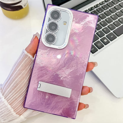 For Samsung Galaxy S25+ 5G Plating Glitter Texture Fold Holder TPU Phone Case with Lens Film(Purple Tinfoil Texture) by buy2fix