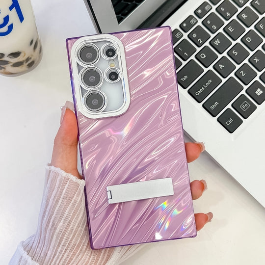 For Samsung Galaxy S25 Ultra 5G Plating Glitter Texture Fold Holder TPU Phone Case with Lens Film(Purple Water Ripples)