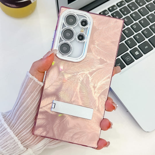 For Samsung Galaxy S25 Ultra 5G Plating Glitter Texture Fold Holder TPU Phone Case with Lens Film(Pink Feathers)