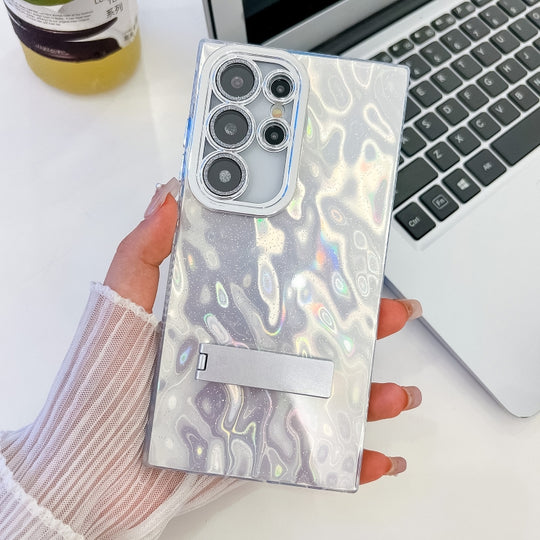For Samsung Galaxy S25 Ultra 5G Plating Glitter Texture Fold Holder TPU Phone Case with Lens Film(White Wrinkles)