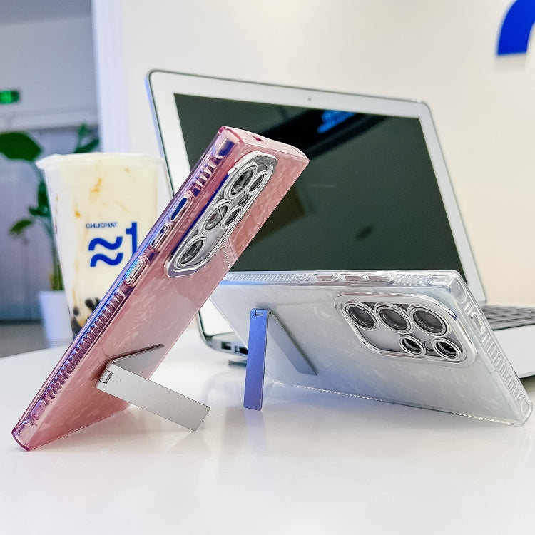 For Samsung Galaxy S25+ 5G Plating Glitter Texture Fold Holder TPU Phone Case with Lens Film(White Feathers) by buy2fix