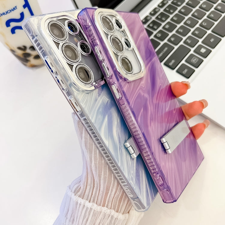 For Samsung Galaxy S25 Ultra 5G Plating Glitter Texture Fold Holder TPU Phone Case with Lens Film(Purple Tinfoil Texture) - Galaxy S25 Ultra 5G Cases by buy2fix | Online Shopping UK | buy2fix