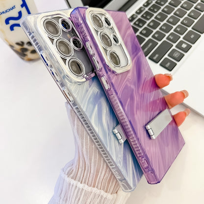 For Samsung Galaxy S25 Ultra 5G Plating Glitter Texture Fold Holder TPU Phone Case with Lens Film(Purple Wrinkles) - Galaxy S25 Ultra 5G Cases by buy2fix | Online Shopping UK | buy2fix