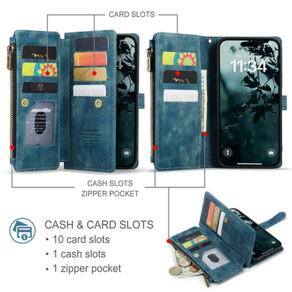 For iPhone 16 Pro Max CaseMe C30 Card Slots Zipper Wallet Leather Phone Case(Blue) by CaseMe