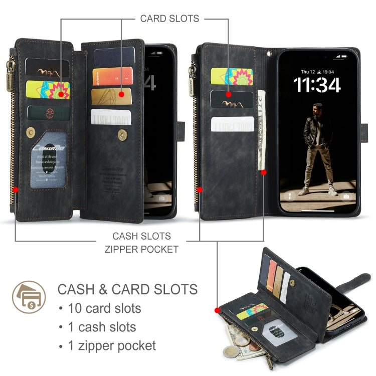 For iPhone 16 Pro Max CaseMe C30 Card Slots Zipper Wallet Leather Phone Case(Black) by CaseMe