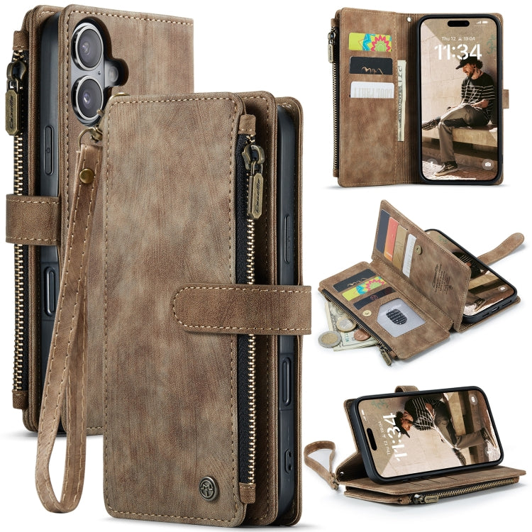 For iPhone 16 Plus CaseMe C30 Card Slots Zipper Wallet Leather Phone Case(Brown) - iPhone 16 Plus Cases by CaseMe | Online Shopping UK | buy2fix