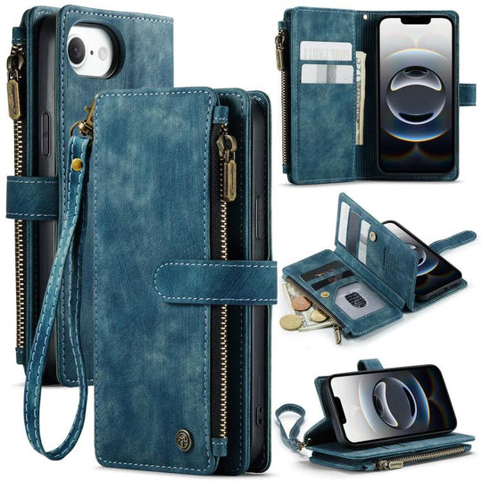 For iPhone 17e / 16e CaseMe C30 Card Slots Zipper Wallet Leather Phone Case(Blue)