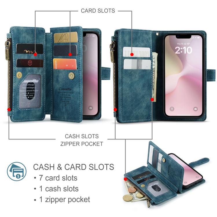 For iPhone 16e CaseMe C30 Card Slots Zipper Wallet Leather Phone Case(Blue) - iPhone 16e Cases by CaseMe | Online Shopping UK | buy2fix