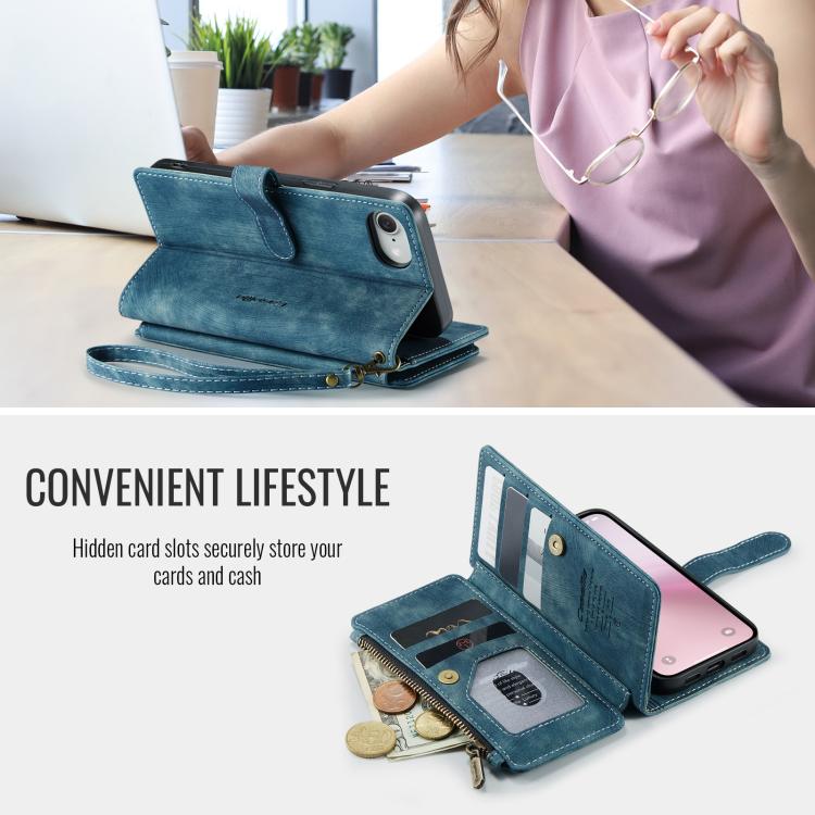 For iPhone 16e CaseMe C30 Card Slots Zipper Wallet Leather Phone Case(Blue) - iPhone 16e Cases by CaseMe | Online Shopping UK | buy2fix