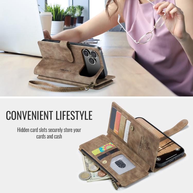 For iPhone 17 Pro CaseMe C30 Card Slots Zipper Wallet Leather Phone Case(Brown) - iPhone 17 Pro Cases by CaseMe | Online Shopping UK | buy2fix
