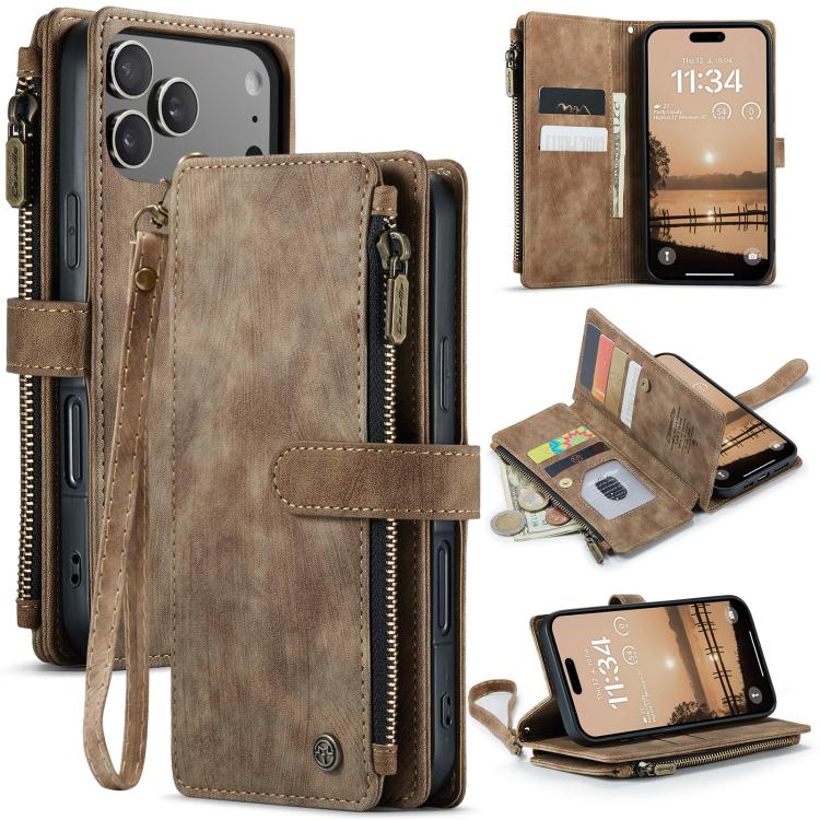 For iPhone 17 Pro CaseMe C30 Card Slots Zipper Wallet Leather Phone Case(Brown) - iPhone 17 Pro Cases by CaseMe | Online Shopping UK | buy2fix