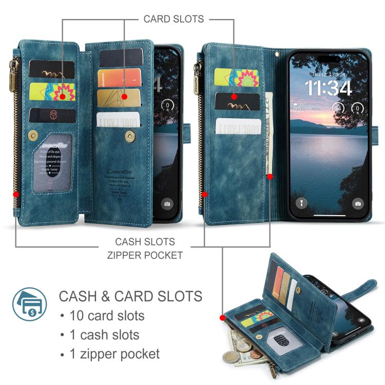 For iPhone 17 Pro Max CaseMe C30 Card Slots Zipper Wallet Leather Phone Case(Blue) - iPhone 17 Pro Max Cases by CaseMe | Online Shopping UK | buy2fix