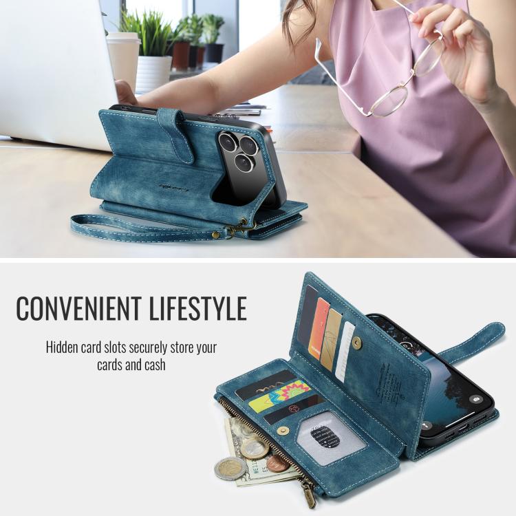 For iPhone 17 Pro Max CaseMe C30 Card Slots Zipper Wallet Leather Phone Case(Blue) - iPhone 17 Pro Max Cases by CaseMe | Online Shopping UK | buy2fix