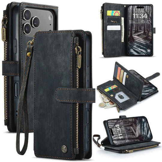 For iPhone 18 Pro Max / 17 Pro Max CaseMe C30 Card Slots Zipper Wallet Leather Phone Case(Black)