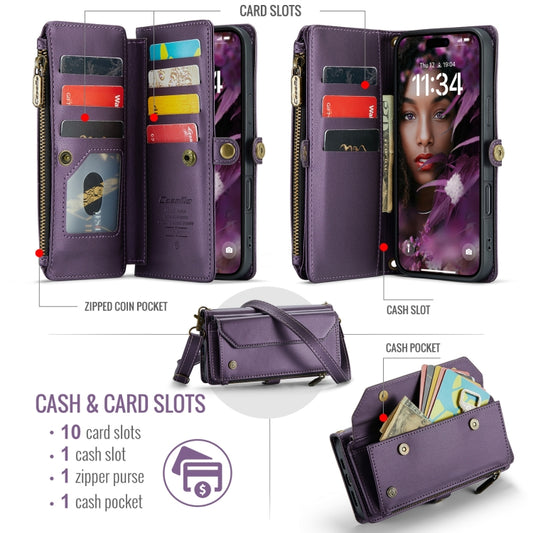 For iPhone 16 Pro Max CaseMe C36 Card Slots Zipper Wallet RFID Anti-theft Leather Phone Case(Purple) by CaseMe