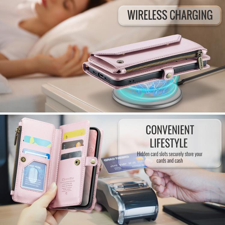 For iPhone 16e CaseMe C36 Card Slots Zipper Wallet RFID Anti-theft Leather Phone Case(Pink) - iPhone 16e Cases by CaseMe | Online Shopping UK | buy2fix