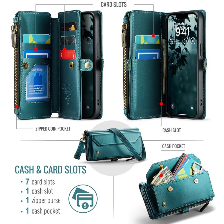 For iPhone 16e CaseMe C36 Card Slots Zipper Wallet RFID Anti-theft Leather Phone Case(Blue) - iPhone 16e Cases by CaseMe | Online Shopping UK | buy2fix
