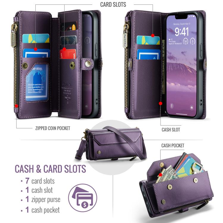 For iPhone 16e CaseMe C36 Card Slots Zipper Wallet RFID Anti-theft Leather Phone Case(Purple) - iPhone 16e Cases by CaseMe | Online Shopping UK | buy2fix